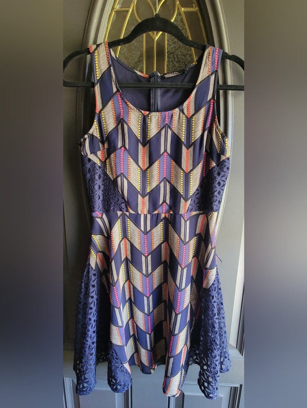Doe & Rae Navy Chevron Midi Dress with Pink and Yellow Accents and Lace, medium.